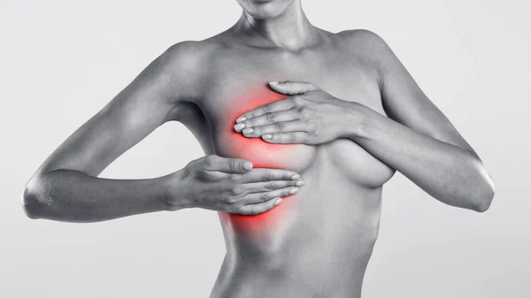 Closeup Of Fit Topless Female Examining Breast, Black And White — Stock Photo, Image