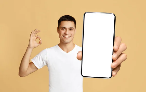 Sorrindo cara mostrando branco tela do smartphone vazio e sinal ok — Fotografia de Stock