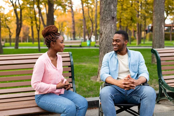秋天，坐在轮椅上的快乐的残疾黑人与女友在公园里聊天 — 图库照片