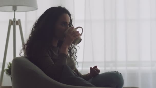 Junge friedliche lockige Frau genießt heißen Kaffee, ruht sich zu Hause im gemütlichen Sessel aus, Kamerafahrt, leerer Raum — Stockvideo