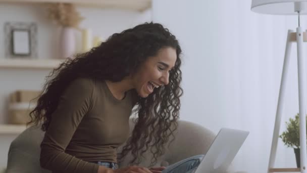 Glück und Sieg. Aufgeregte junge Frau feiert Erfolg, liest gute Nachrichten auf Laptop und lacht, sitzt zu Hause — Stockvideo