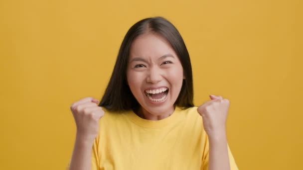 Mujer asiática agitando puños en alegría celebrando el éxito, fondo amarillo — Vídeos de Stock