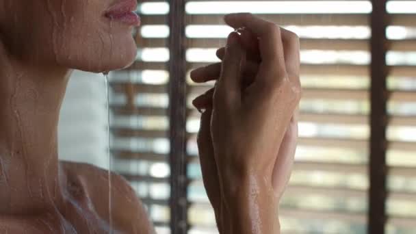 Femme méconnaissable se laver les mains en prenant une douche à l'intérieur — Video