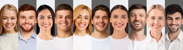 Sonrientes hombres y mujeres jóvenes multirraciales en blanco y gris — Foto de Stock