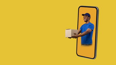 Telefondaki Kara Teslimatçı Bir taraftan diğer tarafa, diğer taraftan Sarı Arkaplan
