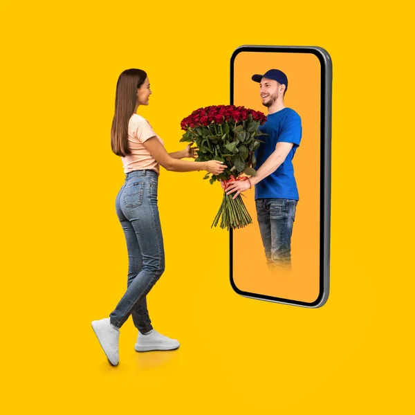 Flowers Delivery Courier On Phone Giving Bouquet To Female, Studio