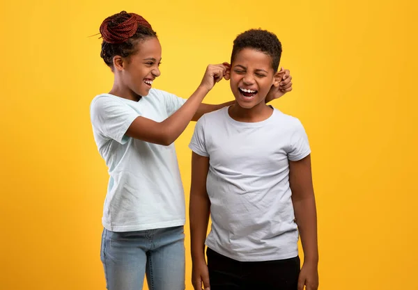 Ondeugend ouder zus trekken haar broer oren — Stockfoto