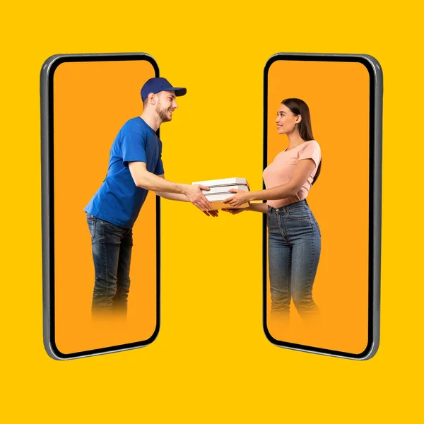 女性にピザボックスを与える携帯電話の画面上の宅配便,コラージュ — ストック写真