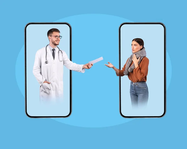 Doctor From Smartphone Giving Female Patient Medical Prescription, Blue Background — Stock Photo, Image