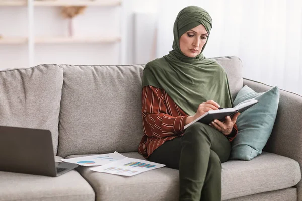Зрелая мусульманская предпринимательница пишет бухгалтерский отчет, работая онлайн на дому — стоковое фото