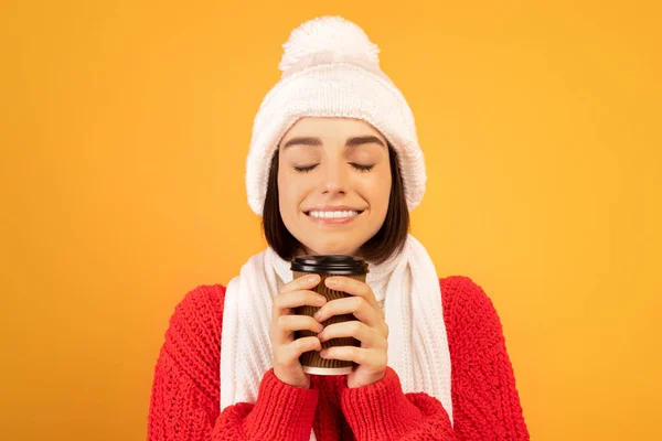 Façam uma pausa quente. Mulher bonito em chapéu de inverno e cachecol segurando xícara de café de papel e desfrutar de cheiro aromático — Fotografia de Stock