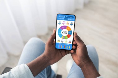 Akıllı telefon kullanan, harcamaları sayan, üst görünümü engelli bir zenci.