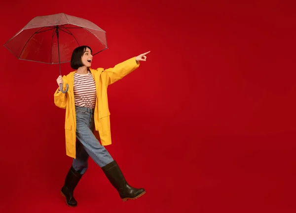 Conceito de vendas de outono. Senhora surpresa na capa impermeável segurando guarda-chuva e mostrando espaço vazio no fundo vermelho — Fotografia de Stock