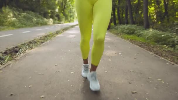 Giovane donna afro-americana sportiva che corre da sola nel parco pubblico del mattino, inseguimento colpo da gambe a testa, seguire colpo — Video Stock