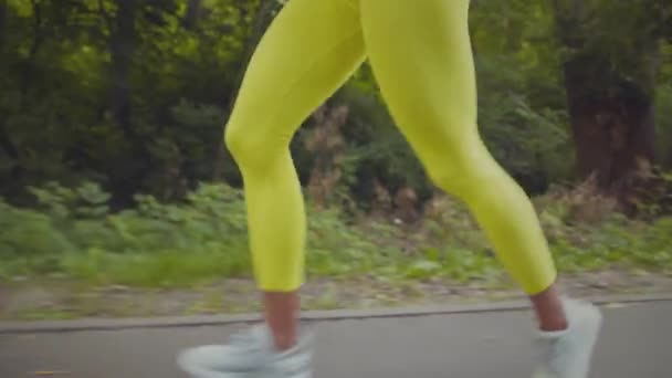 Conceito de estilo de vida ativo. Jovem senhora afro-americana vestindo sportsuit correndo, treinando em parque público, tiro de rastreamento — Vídeo de Stock