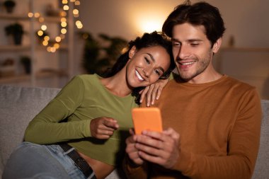 Evde koltukta oturan akıllı telefonu kullanan mutlu çift.