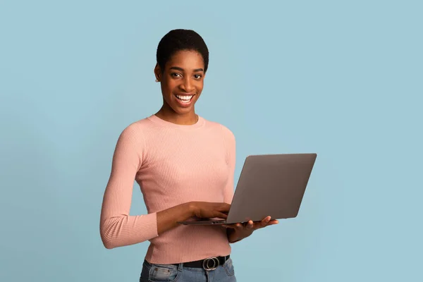 Portrait Of Happy Black Millennial Woman With Laptop Computer In Hands — Stock Photo, Image