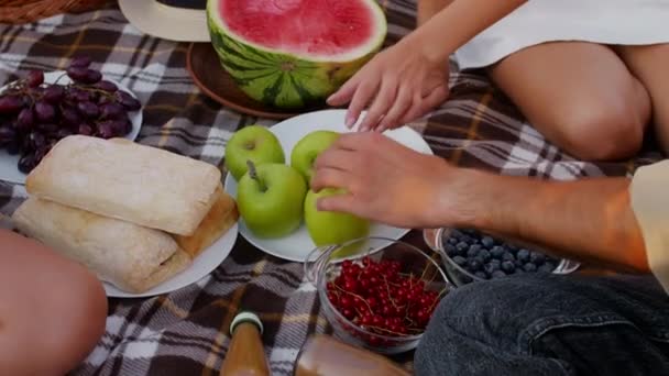 Familie van drie het nemen van appels uit plaat terwijl het hebben van picknick buiten samen — Stockvideo