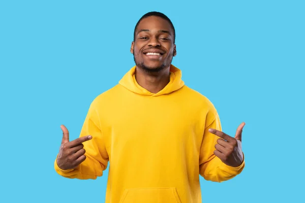 Cheerful Black Guy Pointing Fingers At Himself Over Blue Background — Stock Photo, Image