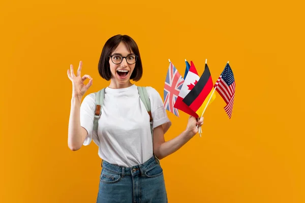Emotionele dame tonen bos van diverse vlaggen en oke gebaar, poseren met rugzak over gele studio achtergrond — Stockfoto