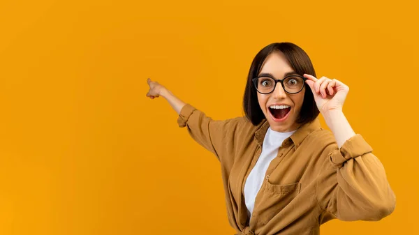 Vendita stagionale. Sorpresa signora indicando lo spazio vuoto su sfondo giallo studio, banner design, panorama — Foto Stock