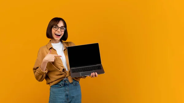 すごいウェブサイトだ。興奮した女性は黒い画面でノートパソコンを指して黄色の背景の上に立ちフリースペース — ストック写真