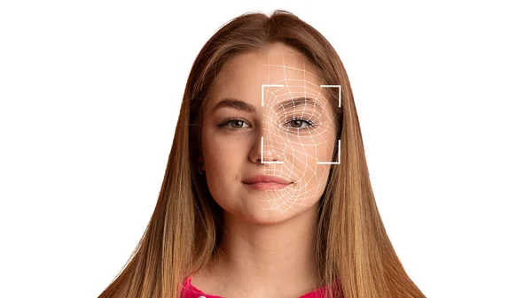 Beautiful caucasian young woman getting eye scanning, collage — Stock Photo, Image