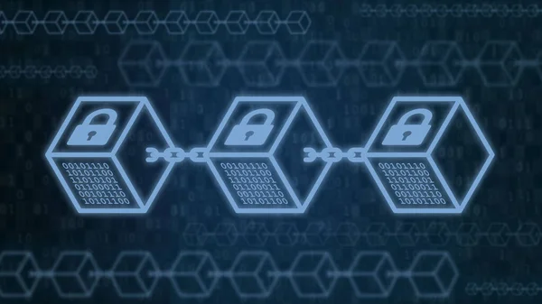 Blöcke mit Schlössern auf dunkelblauem Hintergrund. Zukünftige Innovationen, Blockchain-Technologie, symbolisches Geld — Stockfoto