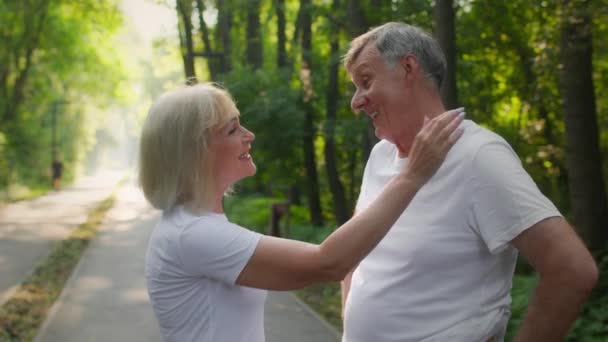 Retrato al aire libre de feliz pareja de ancianos enamorados hablando durante el paseo en el parque público verde, mujer acariciando a su marido — Vídeos de Stock