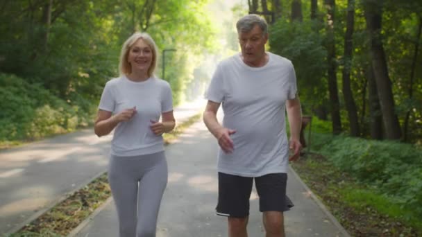 Estilo de vida ativo na aposentadoria. Esportivo homem e mulher idosos correndo juntos no parque público, tendo pausa e conversando — Vídeo de Stock