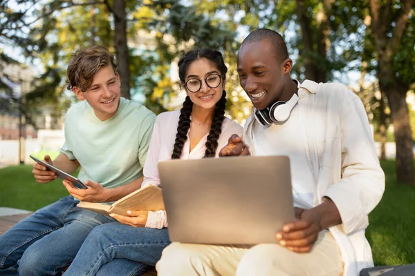 Захоплені іноземні студенти, які навчаються в парку, насолоджуються результатами своєї роботи, дивлячись на екран ноутбука — стокове фото