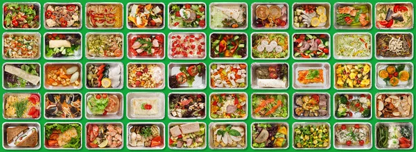 En hälsosam meny. Set med Foil Containers med läckra dagliga måltider, Collage — Stockfoto