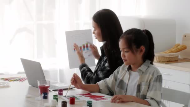 Japans freelancer mam hebben virtuele vergadering terwijl dochter tekenen Indoor — Stockvideo