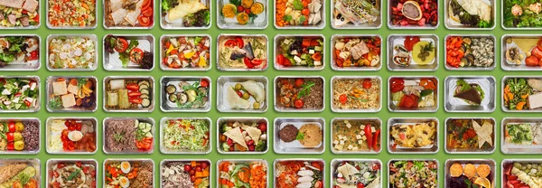 Weight Loss Nutrition Menu. Collection Of Foil Containers With Healthy Meals — Stock Photo, Image