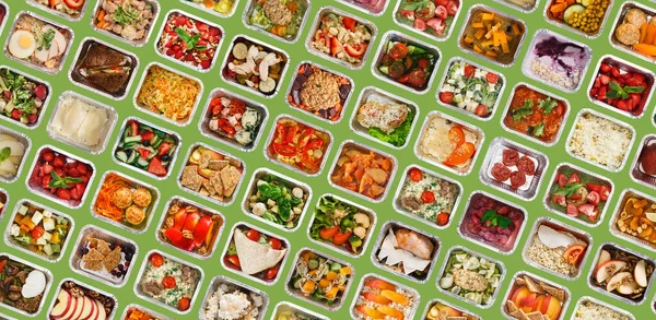 Diverse smakelijke gezonde maaltijden verpakt in Take Away Foil Containers, creatieve collage — Stockfoto