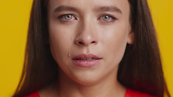 Mujer llorando teniendo lágrimas cayendo por su mejilla, fondo amarillo — Vídeos de Stock