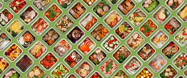 Creative Collage Healthy Food Delivery Plenty Foil Lunch Boxes Flat — Stock Photo, Image