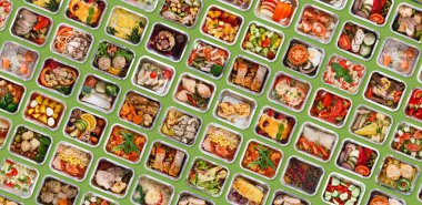 Sağlıklı beslenme. Yeşil arka planda her gün lezzetli yemekler olan konteynırlar.