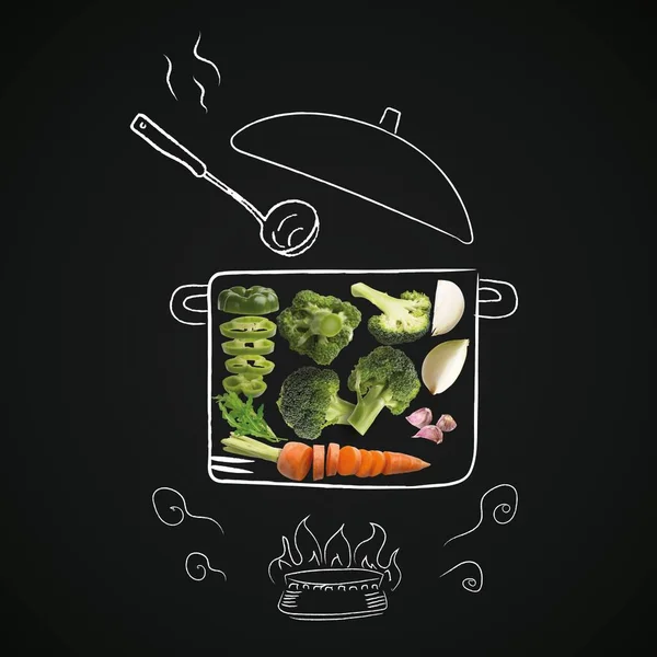 Creative collage of food on drawn pot on black background — Stock Photo, Image