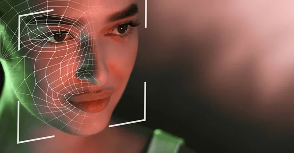 Young woman having face scanning, face id