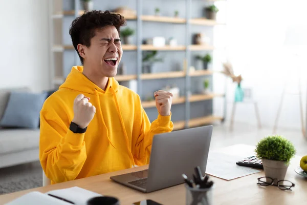 Asiático hombre usando laptop celebrando éxito sacudiendo puños gritando sí — Foto de Stock