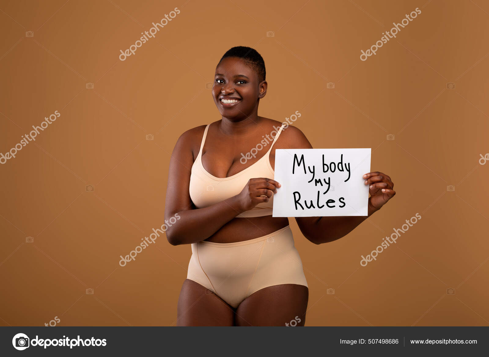 My body my rules. Curvy Black Woman In Underwear Posing Stock