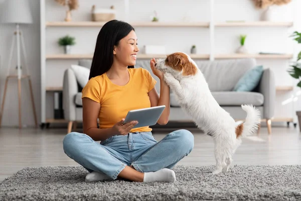 Asiatisk kvinna och söt hund har roligt tillsammans hemma — Stockfoto
