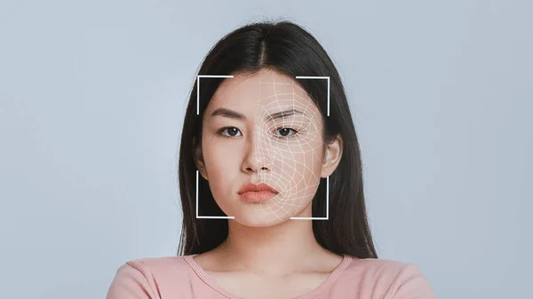 Asian woman getting face scanning, closeup, collage for modern technologies