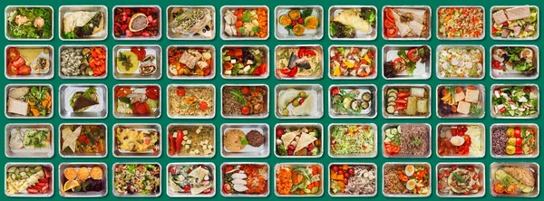 Prepared Meals Delivery. Set Of Take Away Containers With Tasty Healthy Food — Stock Photo, Image