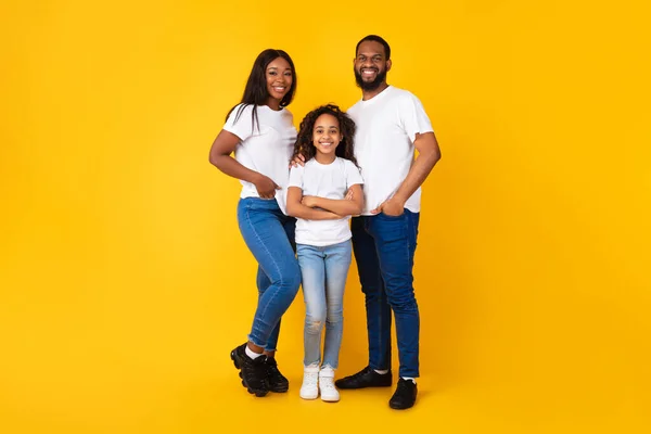 Sorrindo cara preto, senhora e menina posando no estúdio — Fotografia de Stock