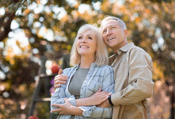 Glada äldre makar njuter av varma höstdagar och fridfull natur, man omfamnar hustru, fritt utrymme — Stockfoto