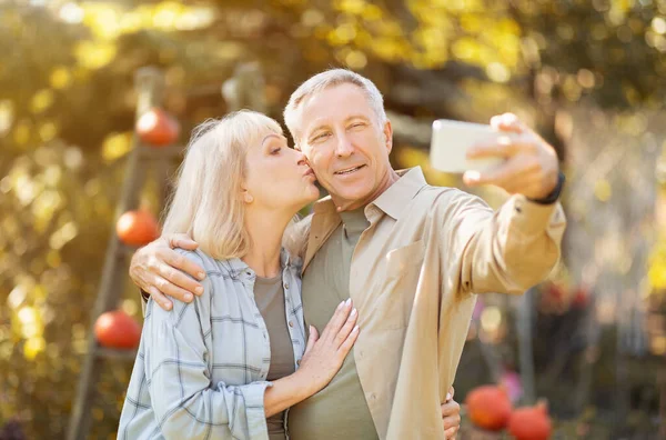 Pareja mayor pasando tiempo en el jardín soleado juntos, tomando selfies, mujer besando marido en la mejilla —  Fotos de Stock