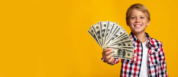 Glücklich froh selbstbewusst hübsch europäisch teenager boy show a lot of dollars — Stockfoto