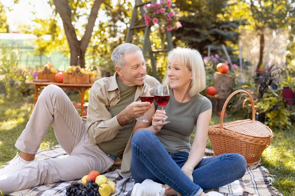 Firar årsdagen. Älskade äldre par dricker vin, sitter på filt medan de har picknick i trädgården — Stockfoto